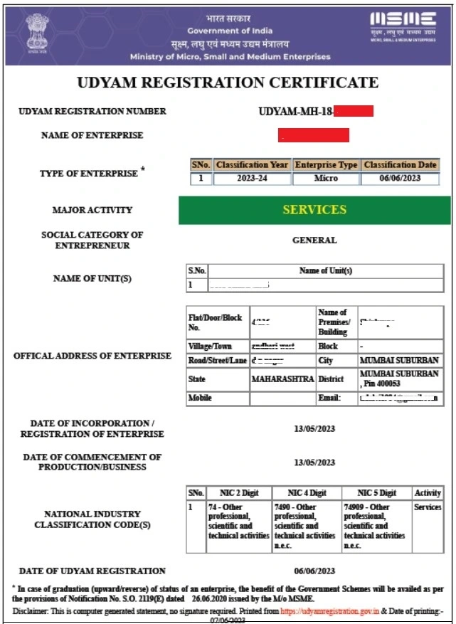Sample of a Udyam Registration Certificate
