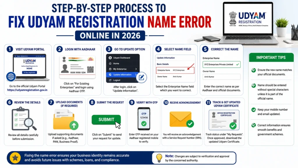 Step-by-Step Process to Fix Udyam Registration Name Error Online in 2026